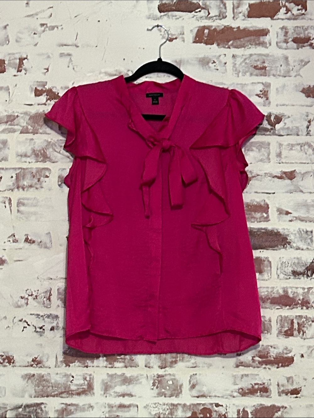 Ann Taylor Hot Pink Ruffle Tie-Neck Blouse